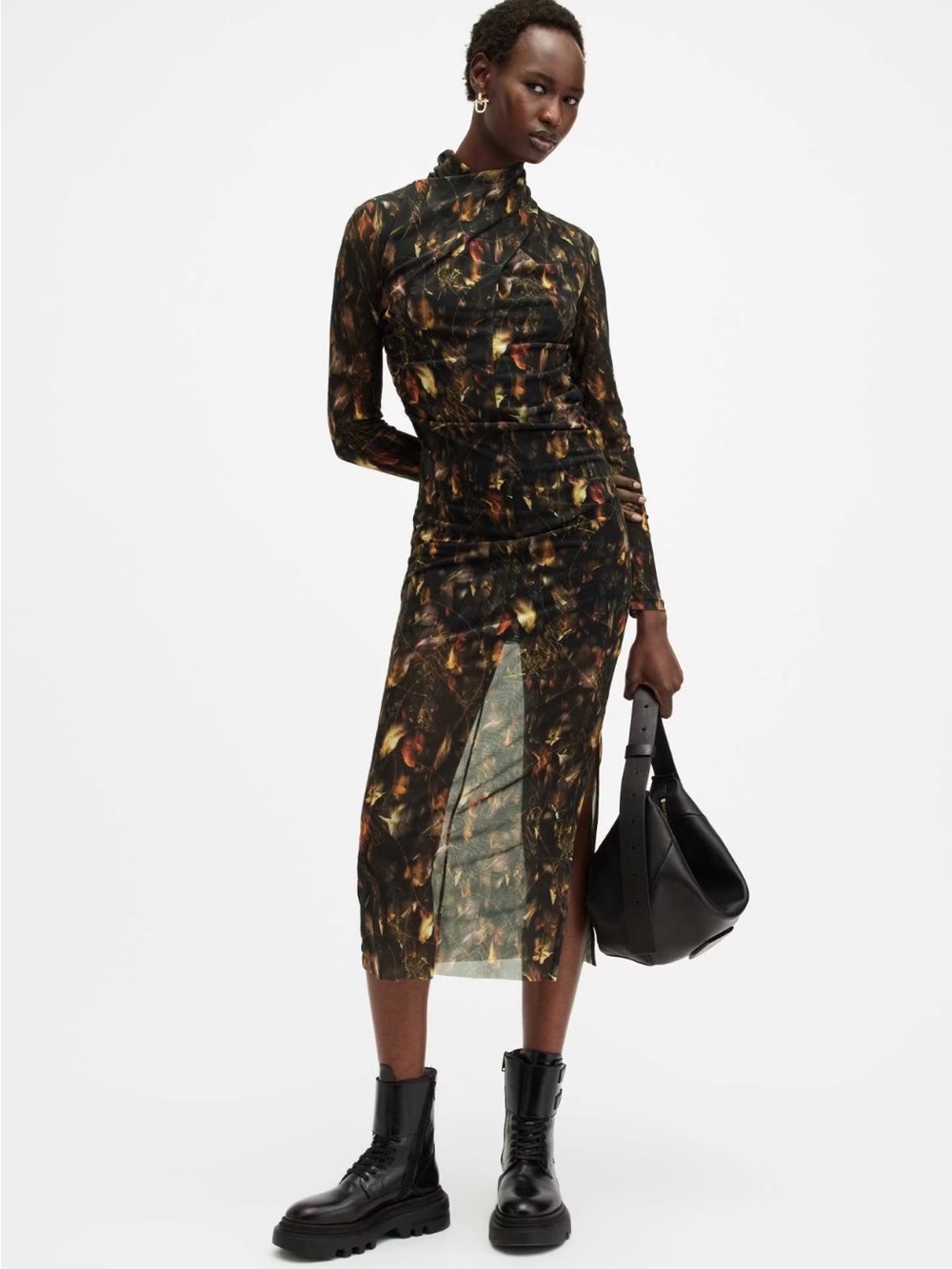 All Saints Black Multi Sheer-Panel Midi Skirt